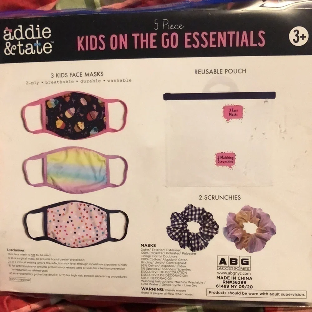 Addie & tate Washable Kids Face Mask and scrunchies with reusable pouch